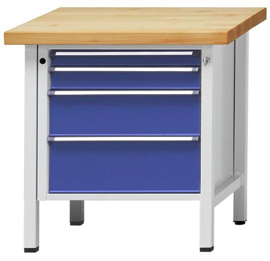 ANKE Werkbänke Kastenwerkbank; 800 x 700 x 850 mm; RAL 7035/5010; Platte mit verzinktem Blechbelag 50 mm; 4 Schubladen 60, 90, 180, 210 mm, 300.110