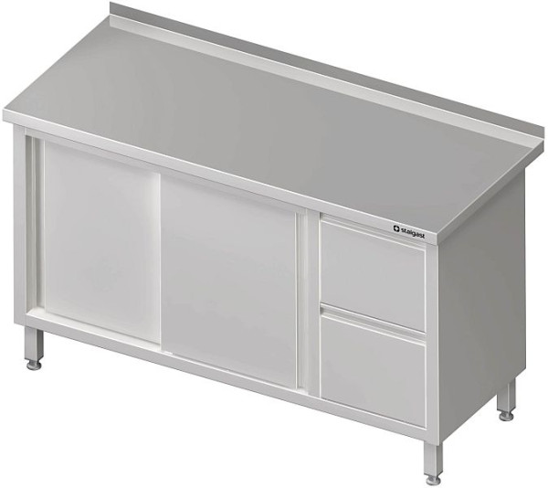 Armoire de travail Stalgast à portes coulissantes, 1200x700x850 mm, avec bloc 2 tiroirs à gauche, avec dosseret, soudé, VAS12704LA