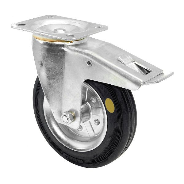 Rouleau de transport BS rollers avec frein, largeur 37 mm, Ø125 mm, jusqu'à 115 kg, bande de roulement en caoutchouc noir, corps de roue, roulement à rouleaux, plateau, LS420.B58.125