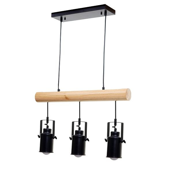 Suspension Mendler HWC-H83, lampe suspendue suspension, vintage industriel bois massif métal noir, abat-jour 3 spots, 74209