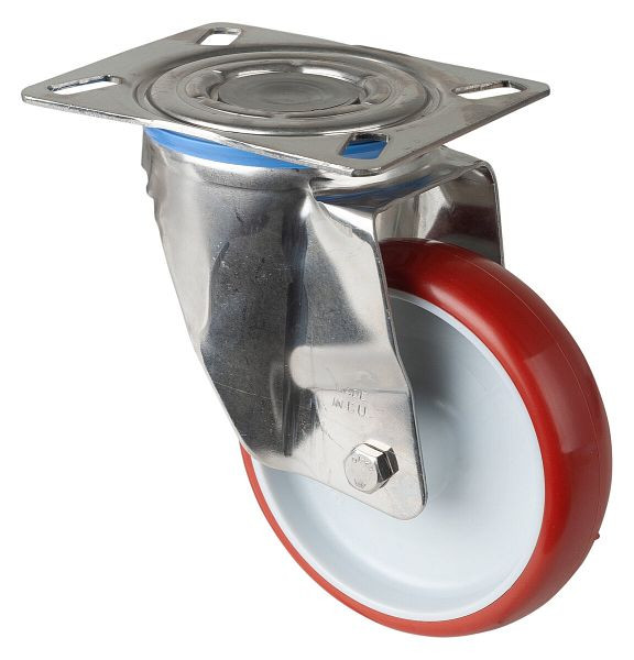 Rouleau de transport BS rollers inox, largeur 32 mm, Ø125 mm, jusqu'à 180 kg, bande de roulement polyuréthane rouge, corps de roue plastique, palier lisse, platine, H100.B26.126