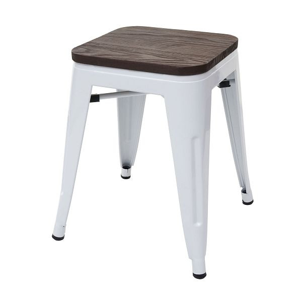 Tabouret Mendler HWC-A73 avec assise en bois, tabouret en métal, design industriel en métal empilable, blanc, 74911