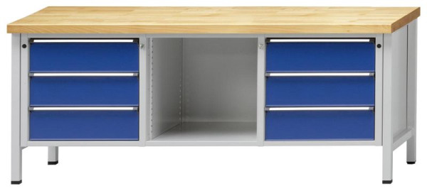 Établi d'armoire ANKE; 2000x700 mm; RAL 7035/5010; 3 tiroirs à gauche; Compartiment central ouvert; A droite 3 tiroirs 180 mm