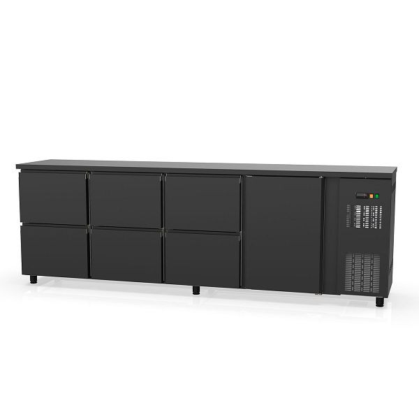 Table réfrigérée de bar Vaiotec TOPLINE 530 noir / 1 porte & 6 tiroirs, 256,5x53x85 cm, 11405
