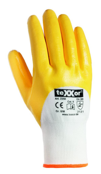 Gants tricotés en polyester teXXor ENDUIT NITRILE, taille : 8, couleur : blanc/jaune, paquet : 144 paires, 2358-8