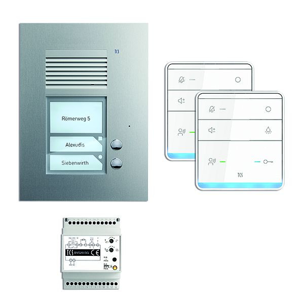 Système de commande de porte audio TCS : pack AP pour 2 unités résidentielles, avec poste extérieur PUK 2 boutons de sonnerie, 2x haut-parleur mains libres ISW5010, unité de contrôle BVS20, PSU2320-0000