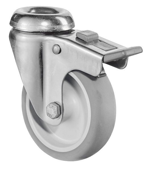 Rouleaux d'appareil en acier inoxydable BS avec frein, largeur 24 mm, Ø75 mm, jusqu'à 60 kg, bande de roulement en caoutchouc gris, palier lisse, lot de 2, G121.A80.076