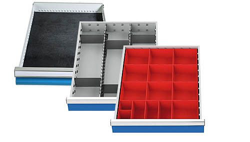 Assortiment de divisions Bedrunka+Hirth (3 parties) pour tiroirs R 18-24, insert en caoutchouc ondulé, boîte pour petites pièces, division métallique 450 x 600 mm, 500/583A