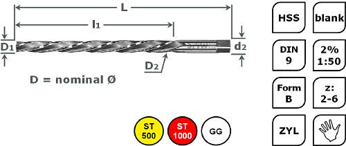 Alésoir à main conique SPPW HSS - 2% DIN9 B 1:50 L: 135x105 Ø6.0, 1147000600