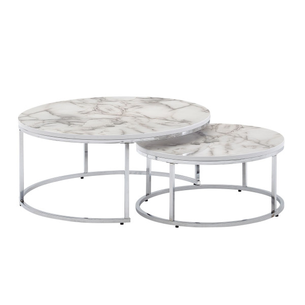 Wohnling Lot de 2 tables basses rondes aspect marbre blanc argenté, table d'appoint moderne, 2 pièces en métal, tables de salon rondes WL6.509
