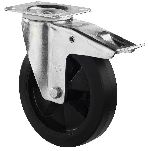 Rouleau de transport BS rollers avec frein, largeur 50 mm, Ø200 mm, jusqu'à 300 kg, pneus élastiques noirs, corps de roue en plastique, roulement à rouleaux, L420.B60.200