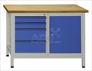 Etabli ADB 1 porte + 4 tiroirs, dimensions : 1200x600x840mm (LxPxH), couleur table de travail : gris, RAL 7035, couleur tiroir/porte : bleu clair (RAL 5012), 41931