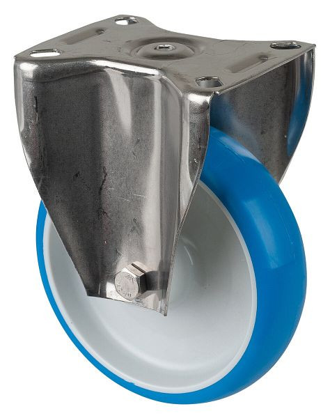 Rouleau de transport BS rollers inox, rouleau fixe, largeur 39 mm, Ø125 mm, jusqu'à 130 kg, polyuréthane bleu, corps de roue plastique, palier lisse, platine, H110.B32.125
