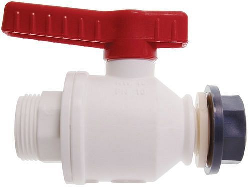 Robinet à boisseau sphérique DENIOS en PP, blanc, 3/4" intérieur - M 36 x 3 extérieur, NW 20 mm, lot de 5, 309678
