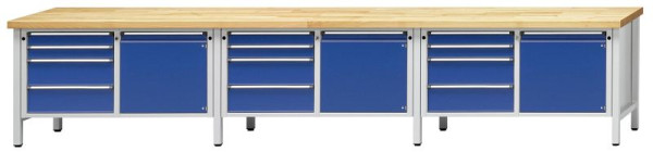 Établi d'armoire ANKE; 3 postes de travail; 4050x700 mm; RAL 7035/5010; A gauche 4 tiroirs 90, 90, 180, 180 mm; Droite 1 porte