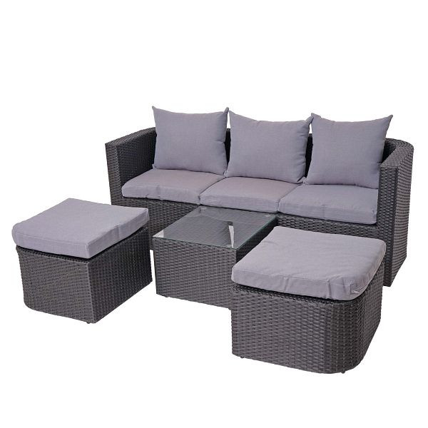 Mendler HWC-J37 Ensemble 3-en-1, ensemble de jardin/salon Sun Island, Spun Poly poly rotin semi-circulaire, anthracite, coussins gris clair, 77291