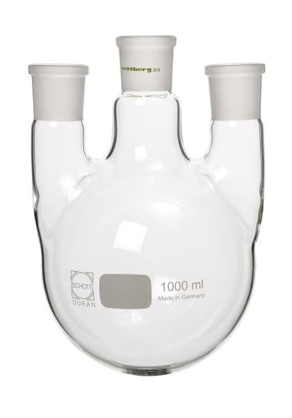 Flacon Rettberg à 3 cols, 100 ml, col moyen NS 29/32, 2x col latéral NS 14,5/23 (droit), verre borosilicaté 3,3, 134026224