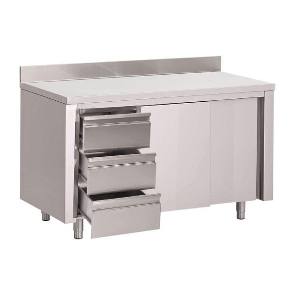 Table de travail Gastro M avec tiroirs, portes coulissantes et dosseret 100cm de long, DS440