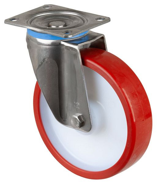 Rouleaux BS rouleau robuste en acier inoxydable, largeur 50 mm, Ø200 mm, jusqu'à 450 kg, bande de roulement en polyuréthane rouge, corps en plastique, roulement à rouleaux en acier inoxydable, HS100.B28.201
