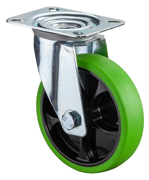 Roulette de transport pivotante BS Rollers, roue en caoutchouc thermoplastique, pneu vert, roulement à rouleaux, plaque, diamètre : 125 mm, pack : 2 pièces, L400.B44.126.04
