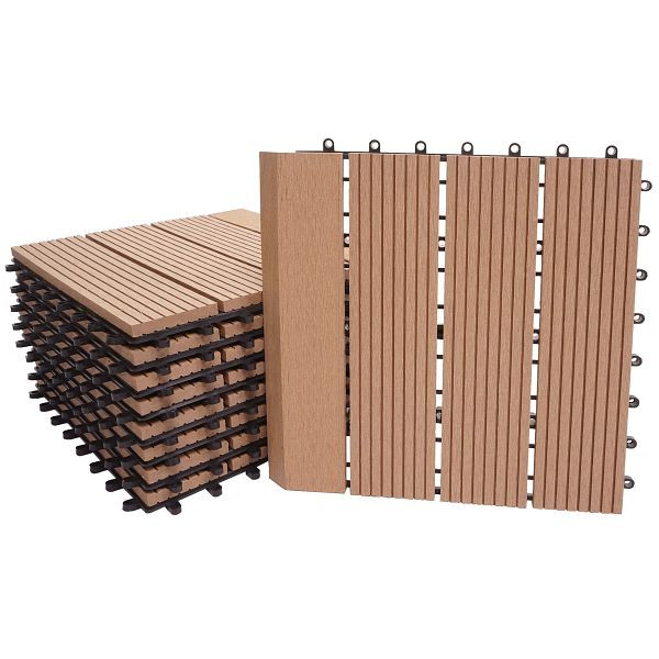 Carrelage de sol Mendler WPC Rhône + finition, aspect bois balcon/terrasse, 11x chaque 30x30cm = 1m² premium, teck linéaire vertical, 77619