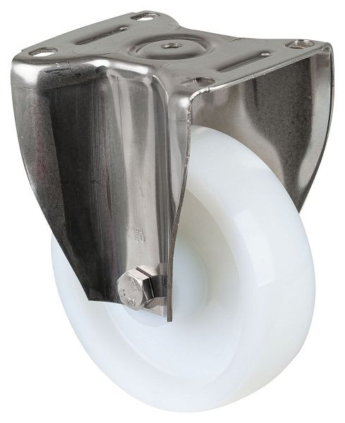 BS Rolls Roulette robuste en acier inoxydable, roulette fixe, largeur 45 mm, Ø150 mm, jusqu'à 700 kg, bande de roulement/corps de roue en plastique, roulement à rouleaux en acier inoxydable, HS110.B14.150