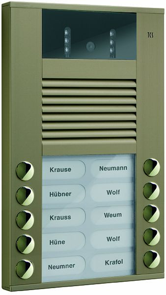 Poste de porte vidéo TCS avec caméra à 130 degrés série AVE avec 10 boutons de sonnette (alignés à droite/gauche), AP bronze, AVE14103-0012