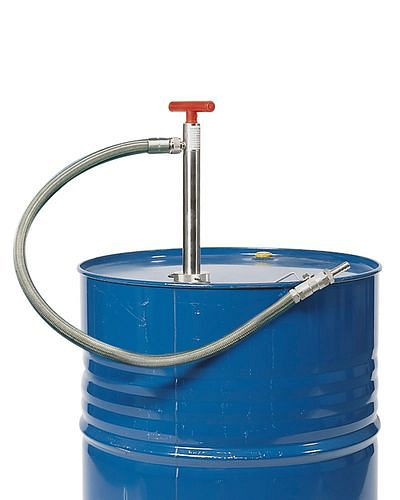 Pompe vide-fût DENIOS, acier inoxydable, flexible PTFE conducteur électrique, profondeur d'immersion 910 mm, 117-664