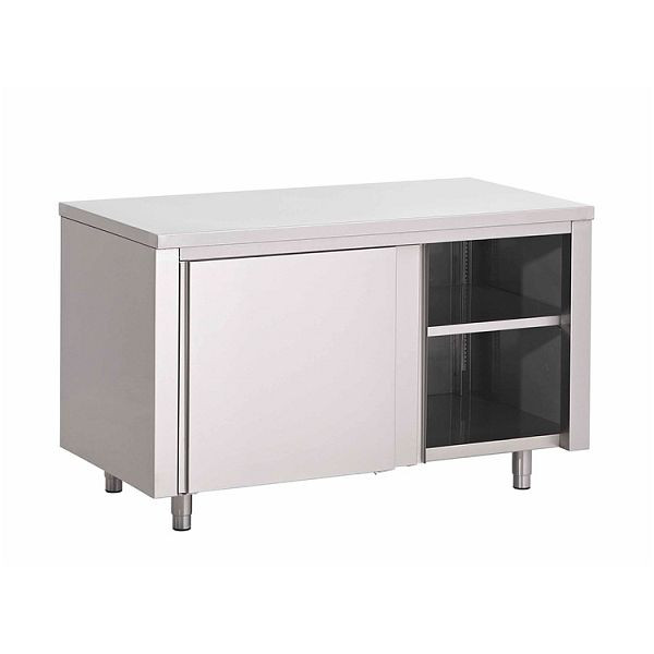 Armoire de travail Gastro-Inox en acier inoxydable AISI 430 avec portes coulissantes, 1100x700x850mm, renforcée de 18 mm d'épaisseur, aggloméré enduit, 302.020