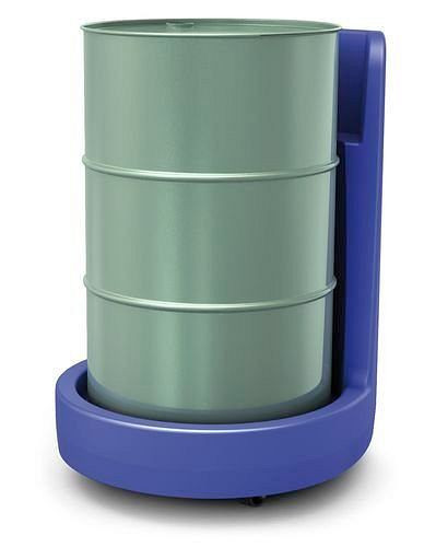 Rouleau baril DENIOS Poly200 S en polyéthylène (PE), avec tablier et poignée de poussée, bleu, 181-869