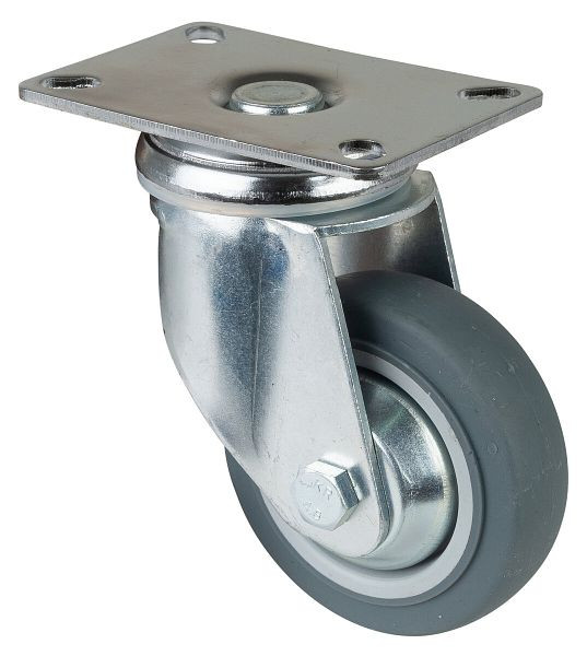 Roulettes BS Roulette pour appareils lourds, largeur de roue 21 mm, roue Ø 80 mm, capacité de charge 80 kg, caoutchouc gris, roulements à billes, platine, lot de 2, C100.A85.081