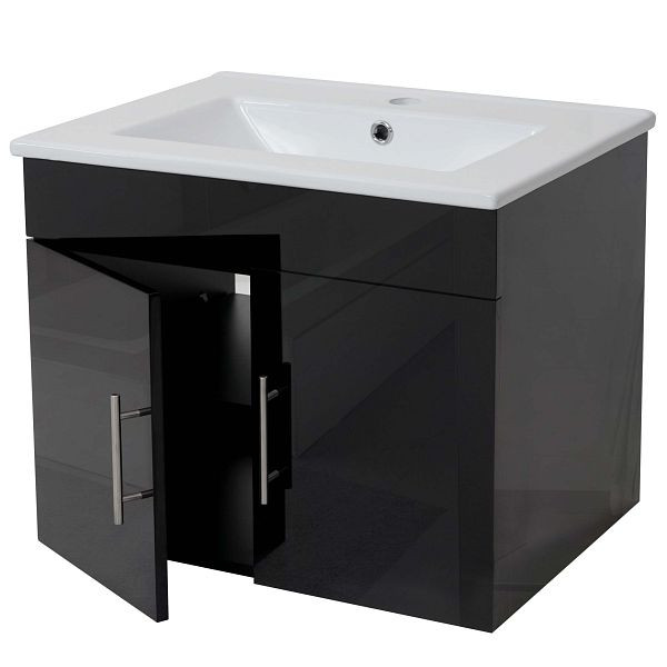 Lavabo Mendler + meuble sous lavabo HWC-D16, lavabo lavabo, brillant 60cm, noir, 62237+62235