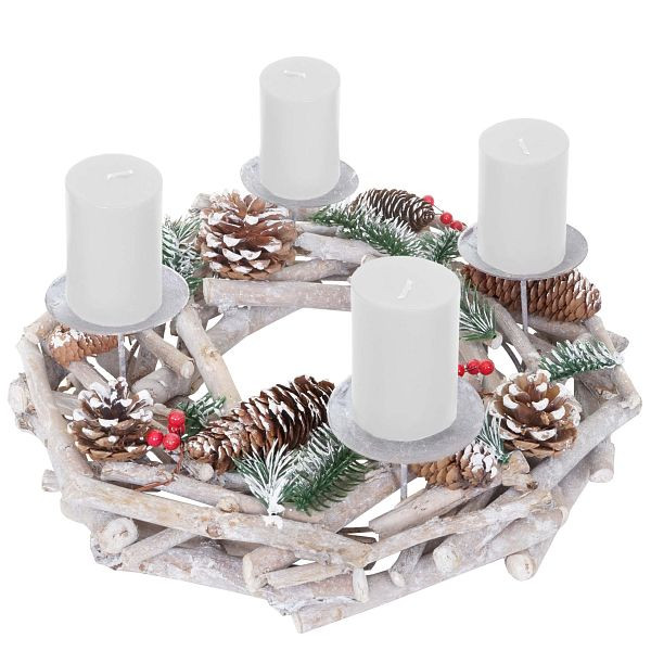 Couronne de l'Avent Mendler ronde, couronne de table de décoration de Noël, bois Ø 35cm blanc-gris, avec bougies, blanc, 56664
