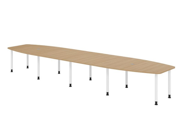 Table de conférence Hammerbacher KT52C, 520 x 130 cm, plateau : chêne, épaisseur 25 mm, cadre de dix pieds blanc, tube rond 6 cm, hauteur de travail 72-74 cm, VKT52C/E/W