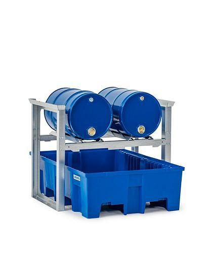 Râtelier à fûts DENIOS pour 2 fûts de 60 litres chacun, avec cuve en plastique, 1049 x 1245 x 837 mm, 291-779