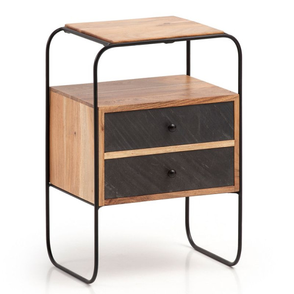 Wohnling table de chevet en bois d'acacia massif / aspect pierre 40x60x30 cm lit à sommier tapissier, console de nuit industrielle marron avec 2 tiroirs et étagère, WL6.779
