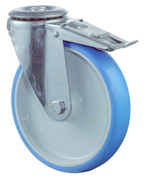 Rouleau de transport en acier inoxydable avec frein BS rollers, L50 mm, Ø200 mm, jusqu'à 200 kg, surface en polyuréthane bleu, corps en plastique, palier lisse, H121.B32.200