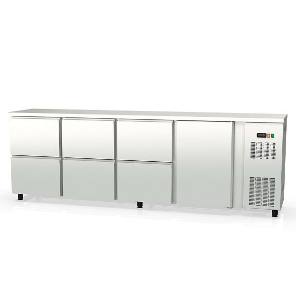 Table réfrigérée bar Vaiotec TOPLINE 530 inox / 1 porte & 6 tiroirs, 256,5x53x85 cm, 11436