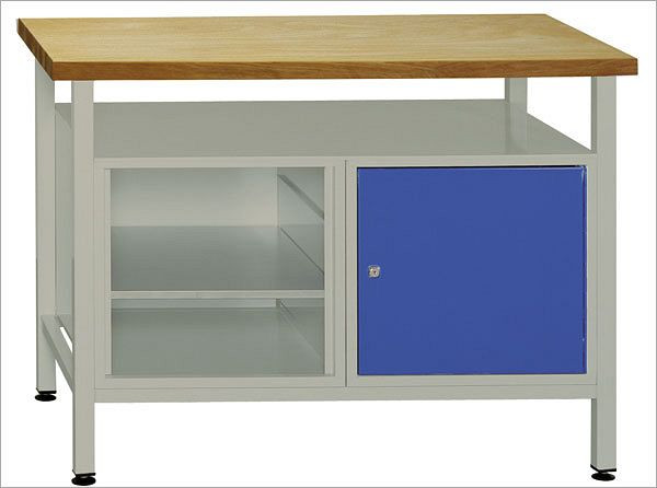 Porte d'établi ADB + partie étagère et étagère, dimensions : 1200x600x840mm (LxPxH), couleur table de travail : gris, RAL 7035, couleur porte : bleu clair, RAL 5012, 41939