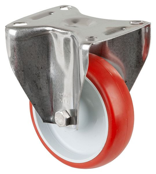 Rouleaux de transport BS rollers inox, rouleau fixe, largeur 30 mm, Ø100 mm, jusqu'à 130 kg, bande de roulement polyuréthane rouge, plastique, palier lisse, plaque, H110.B26.100
