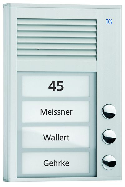 TCS système de commande de porte audio station extérieure série PAK 3 boutons de sonnerie (alignés à droite), argent monté en surface, PAK03-EN