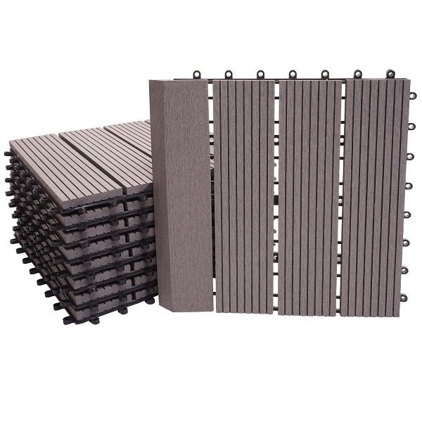 Carrelage de sol Mendler WPC Rhône + finition, aspect bois balcon/terrasse, 11x chaque 30x30cm = 1m² Premium, gris linéaire vertical, 77617