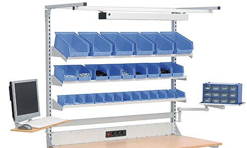 Structure multi-murs Bedrunka+Hirth Workergo avec cadre supérieur, 1x canal d'énergie, 3x étagère, 2x bras pivotant, dimensions en mm (LxPxH) : 1500 x 750 x 1250, 4C150-6