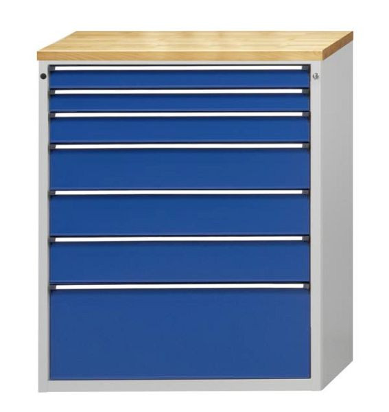 Armoire à outils ANKE; 1065 x 700 x 1320 mm; RAL 7035/5010; Plateau en hêtre massif 40 mm; 7 tiroirs 90, 90, 120, 180, 180, 180, 360 mm, 610.517