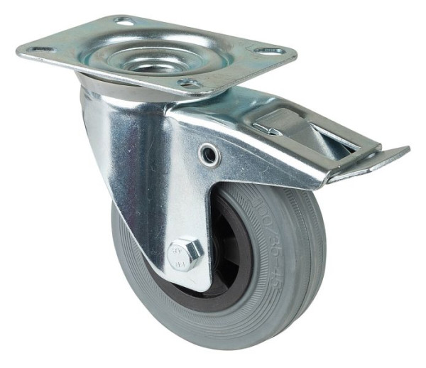 Rouleau de transport BS rollers avec frein, largeur 30 mm, Ø100 mm, jusqu'à 70 kg, bande de roulement en caoutchouc gris, roulement à rouleaux, plaque, lot de 4, L420.B46.100