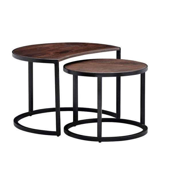 Wohnling – lot de 2 tables basses rondes en bois massif de manguier/métal, marron foncé, avec pieds en métal noir, WL6.339