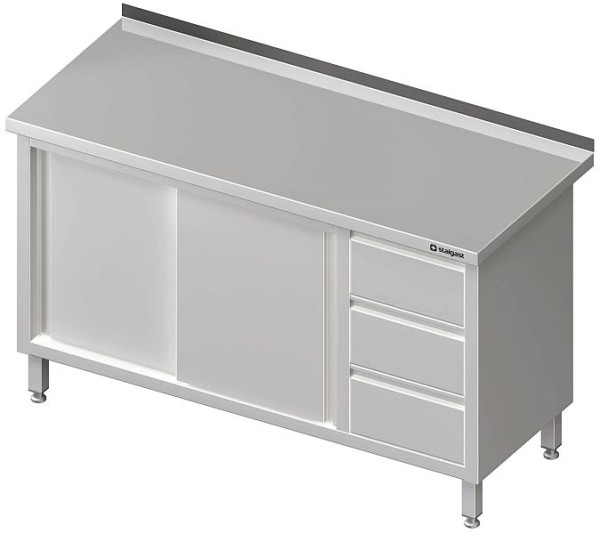 Armoire de travail Stalgast à portes coulissantes, 1600x700x850 mm, avec bloc 3 tiroirs à droite, sans dosseret, soudé, VAS16706R