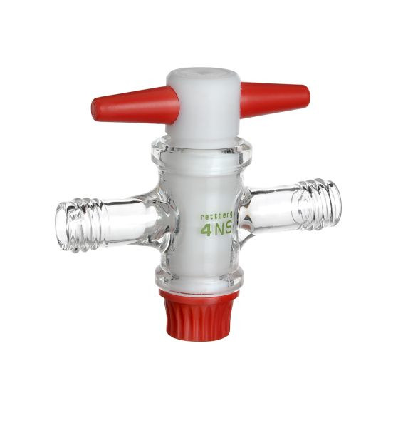 Robinet droit Rettberg PTFE, NS 18,8/4 mm, raccordements filetage GL 14, verre borosilicaté 3,3, 107000334