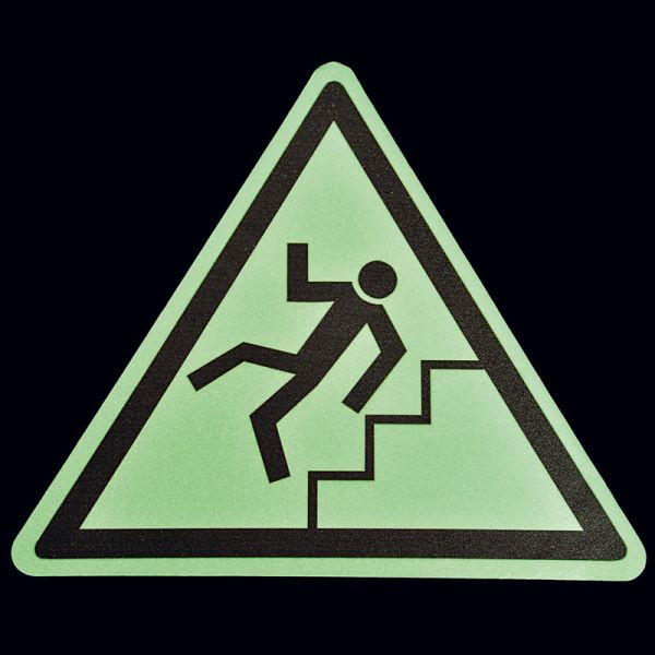 revêtement antidérapant m2, symbole marquage au sol, luminescent, triangle "attention, escalier" longueur côté 600mm, MBXD002600