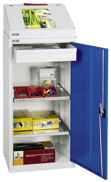 Bureau émoussé série 2000, RAL 7035/5010, 1 bureau, 1 tiroir, 2 étagères, 2092174
